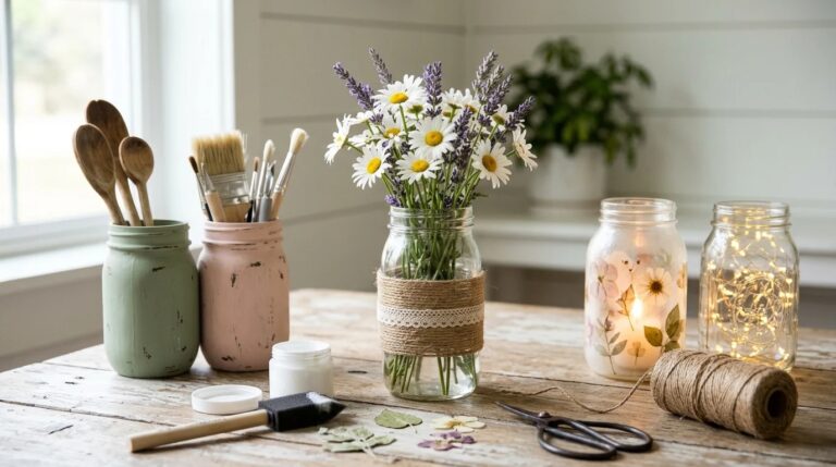 Mason jar crafts: twine and lace wrapped jar vase with daisies and lavender on a farmhouse table