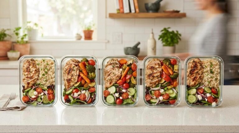 Meal prep lunches: glass containers with chicken, rice and vegetables