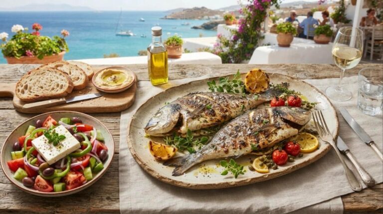 Mediterranean dinners: whole grilled fish with lemon, herbs and Greek salad