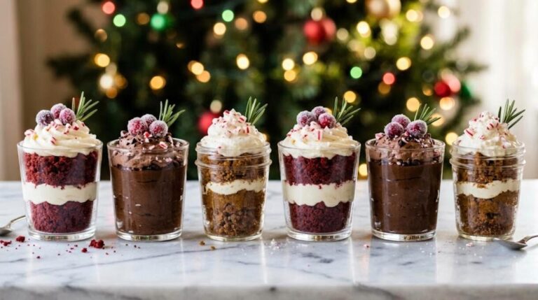 Mini Christmas desserts in small glass cups with whipped cream, crushed candy cane and cranberries