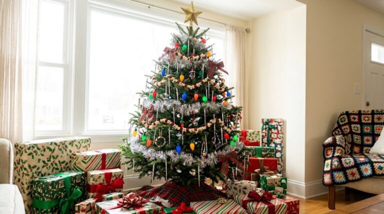 90s Christmas decor tree with tinsel, big colored bulbs and popcorn garland