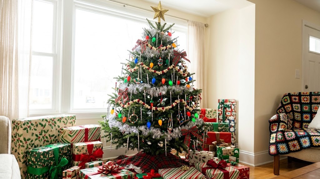 90s Christmas decor tree with tinsel, big colored bulbs and popcorn garland