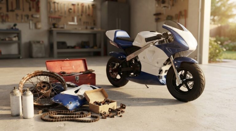Abandoned mini motorbike restored in glossy white and blue, parked in a sunny garage beside old rusty parts