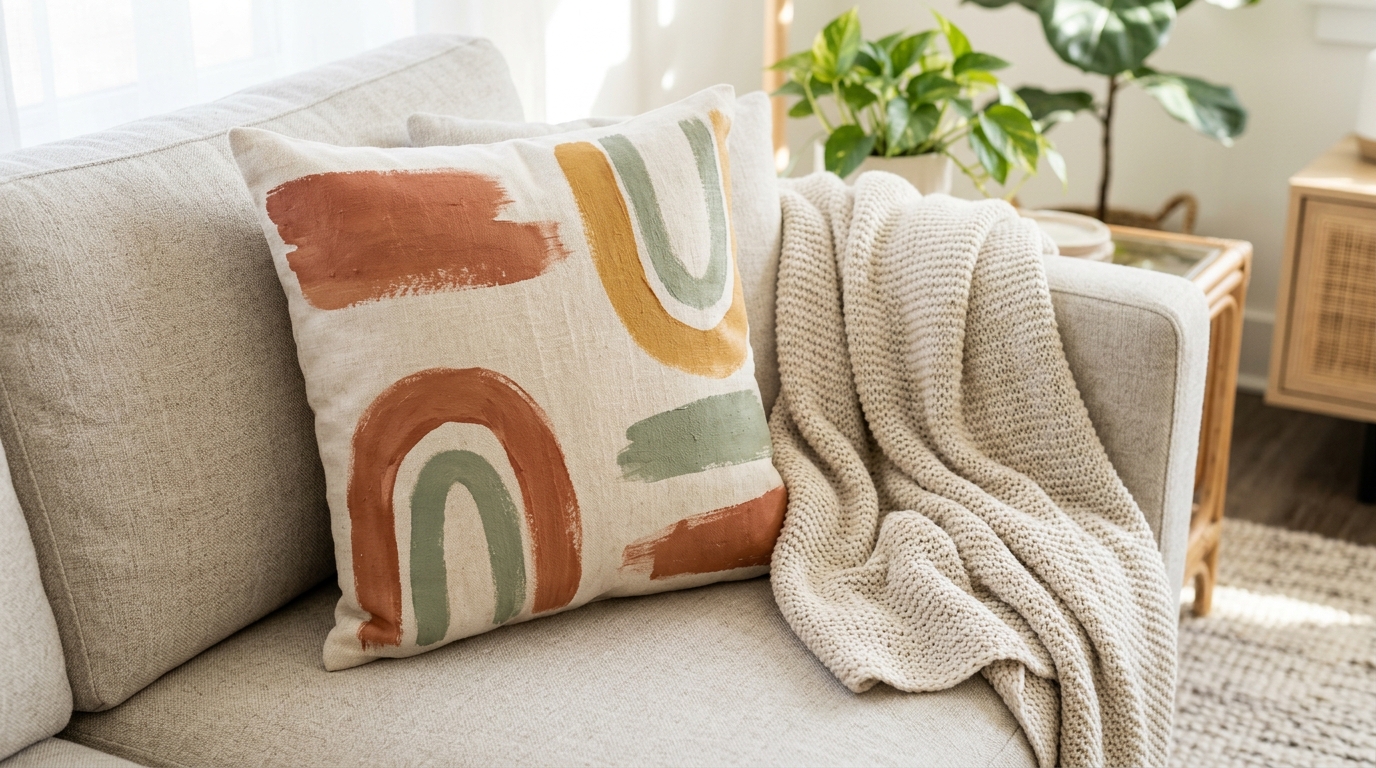 Linen throw pillow painted with terracotta, mustard and sage arches