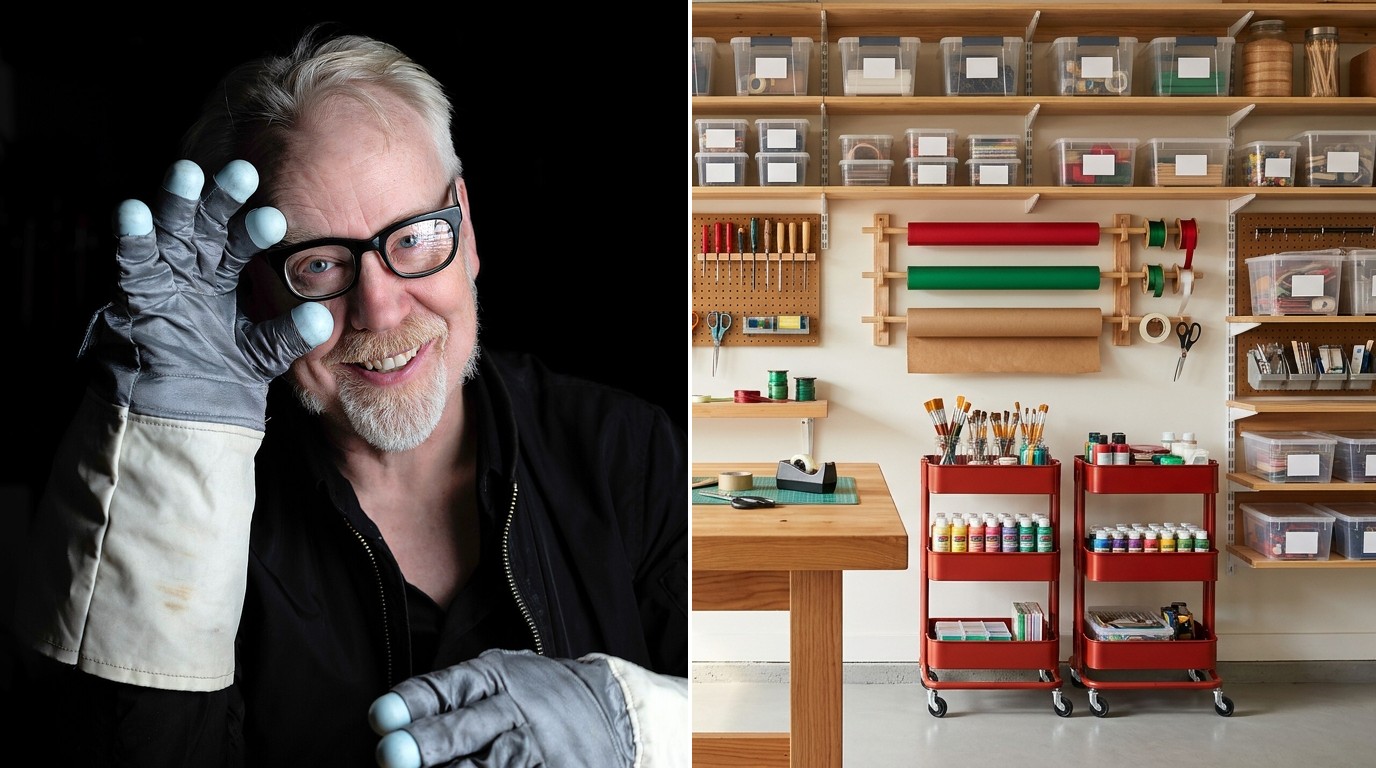 Adam Savage Workshop inspired tidy maker wall with open shelves, clear bins, a rolling cart and a gift wrap station, next to a photo of Adam Savage