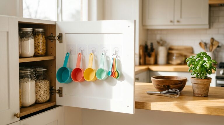 Adhesive hook hacks: colorful measuring cups hanging on small hooks inside an open white kitchen cabinet door