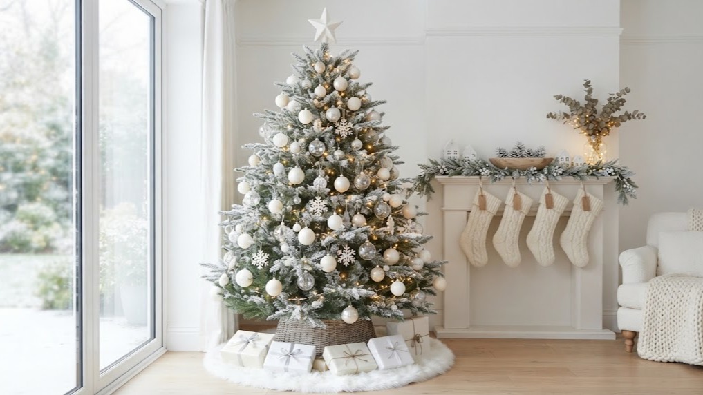 White Christmas decor tree with white, silver and clear glass ornaments