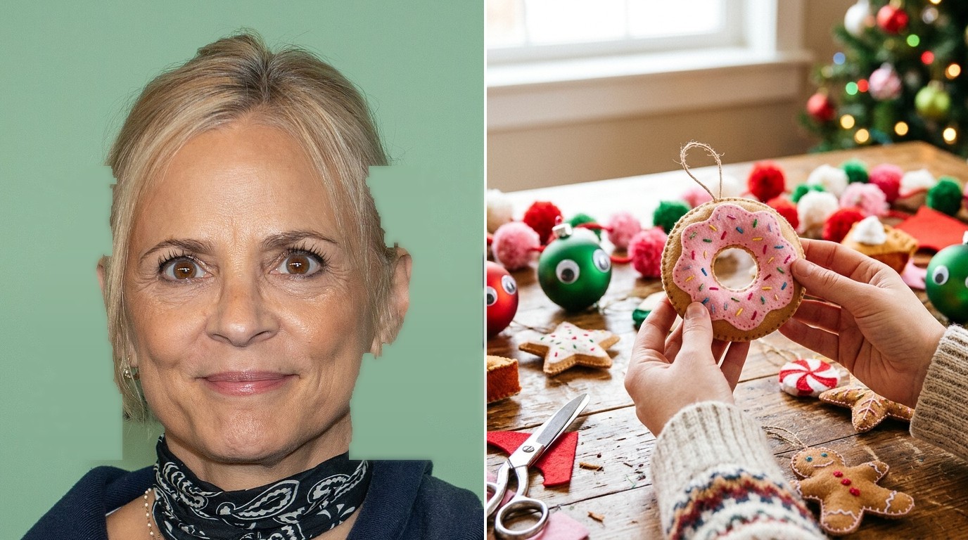 Amy Sedaris Christmas crafts inspired felt donut ornament held over a craft table of pom poms and googly eye baubles, next to a photo of Amy Sedaris