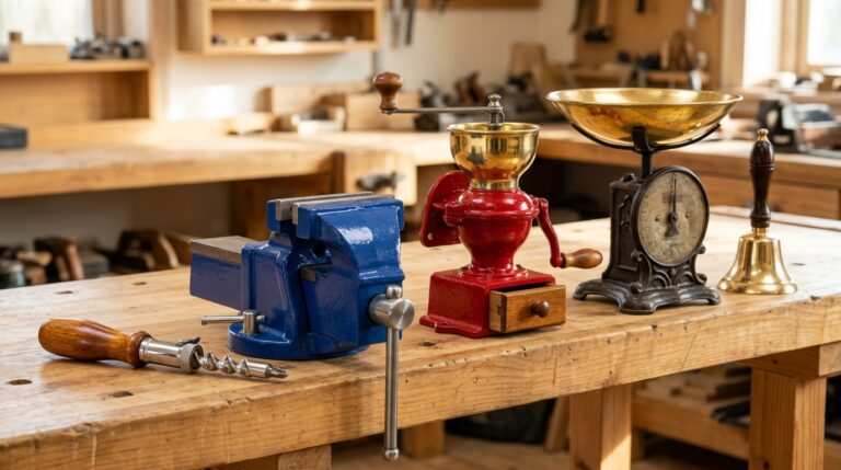 Antique restoration videos inspired workbench with a restored screwdriver, blue vise, red coffee grinder, kitchen scale and brass bell