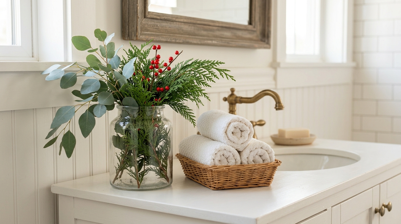 Glass canister holding fresh cedar, eucalyptus and red berries on a white bathroom vanity with rolled towels