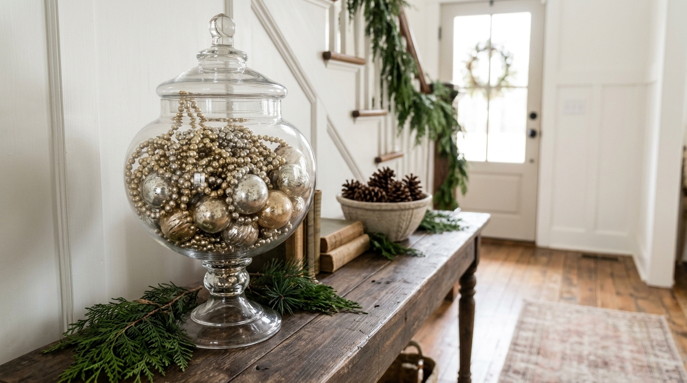 Apothecary jar Christmas style with gold and silver bead garland and mercury glass ornaments on an entry table