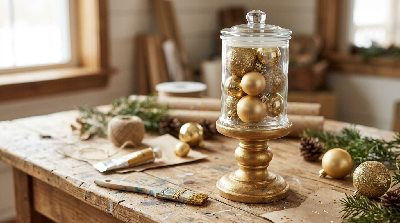 Plain glass canister glued to a gold painted wooden candlestick base and filled with gold ornaments