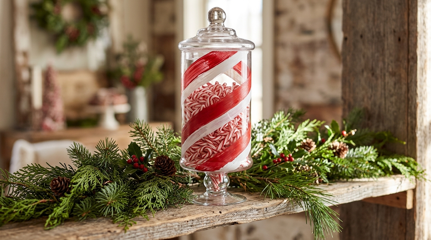 Tall glass canister painted with red and white candy cane stripes and filled with mini candy canes