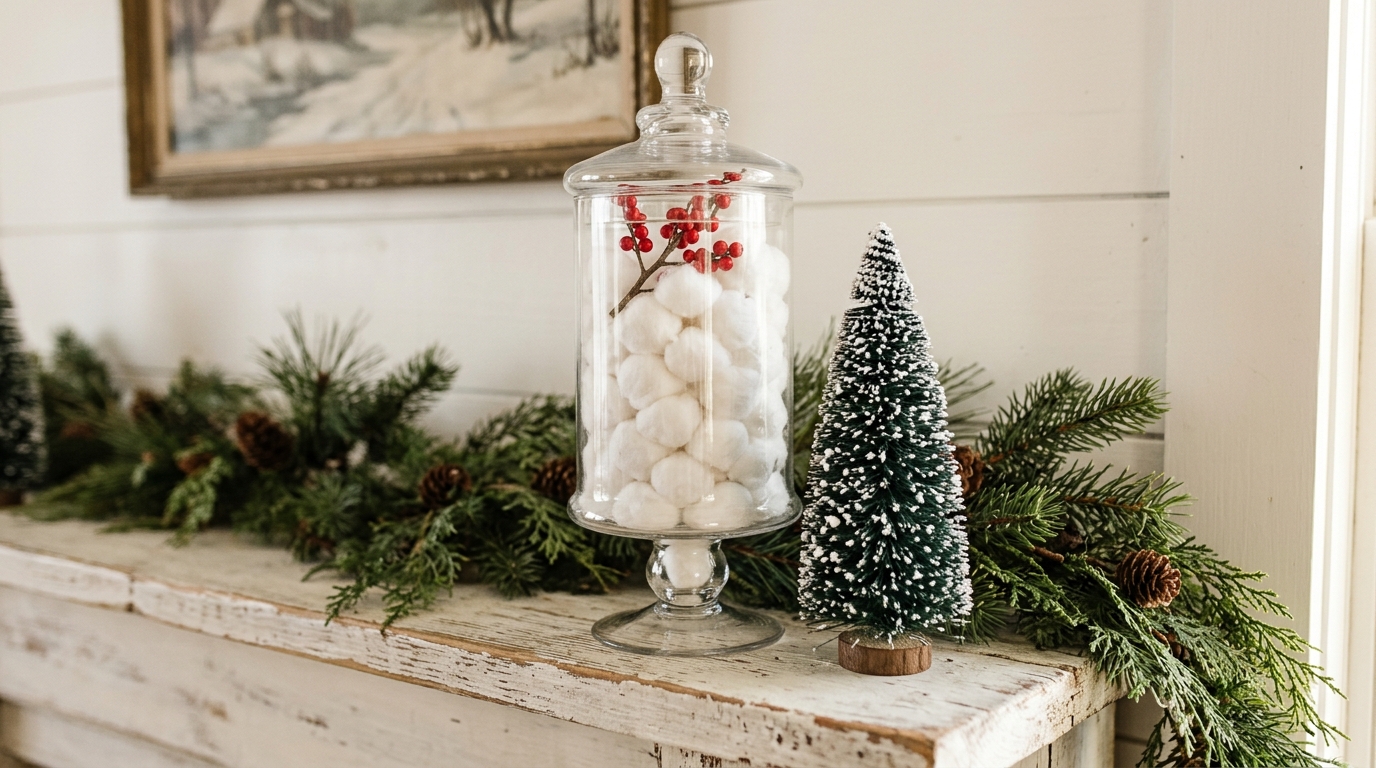 Apothecary jar Christmas idea filled with white cotton ball snowballs and topped with red berries
