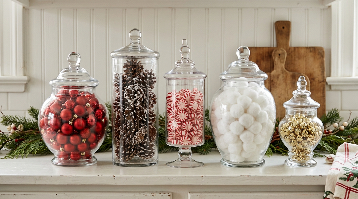 Apothecary jar Christmas row on a white kitchen counter filled with ornaments, pine cones, peppermints and bells