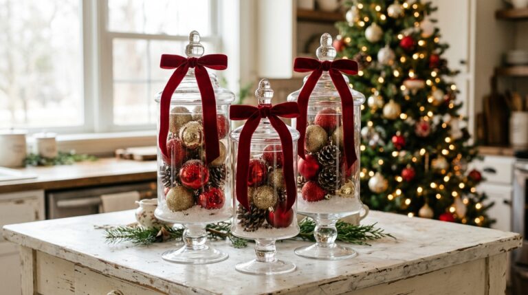 Apothecary jar Christmas trio filled with red and gold ornaments and pine cones with velvet bows