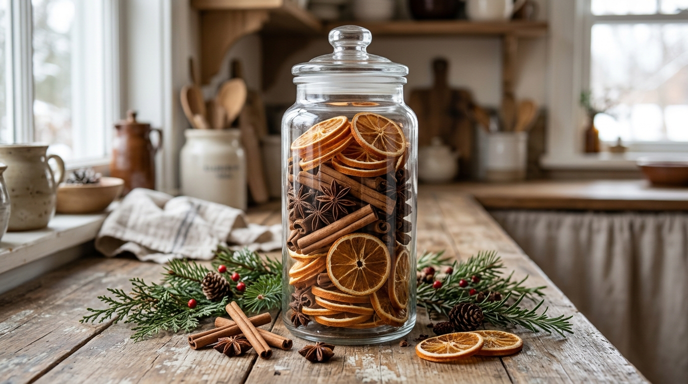 Tall glass canister layered with dried orange slices, cinnamon sticks and star anise on a farmhouse counter