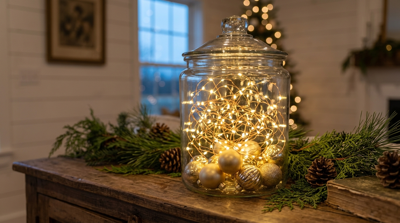 Glass canister with a lid glowing with warm white battery fairy lights and gold ornaments