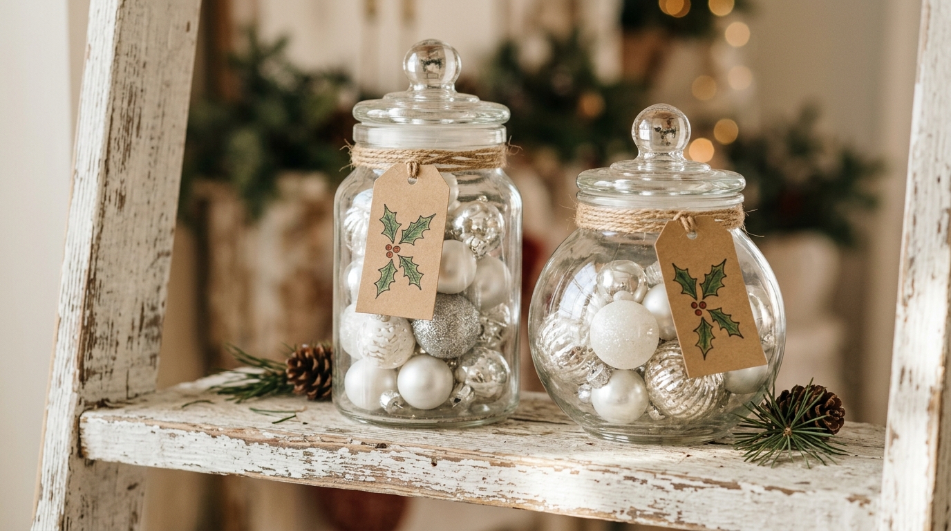 Two glass canisters with kraft paper holly tags tied with twine and filled with silver and white ornaments