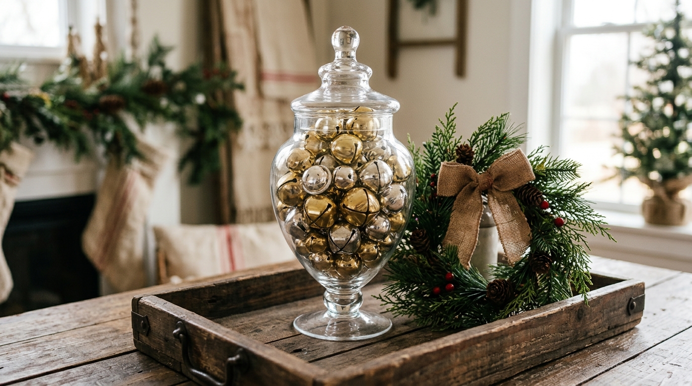 Apothecary jar Christmas display filled with shiny gold and silver jingle bells on a wooden tray