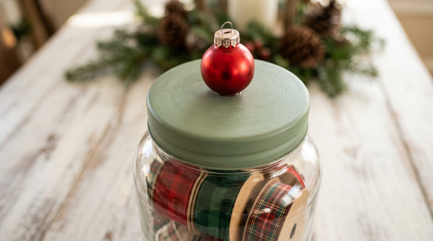 Glass canister lid painted sage green with a shiny red ornament glued on top as a knob