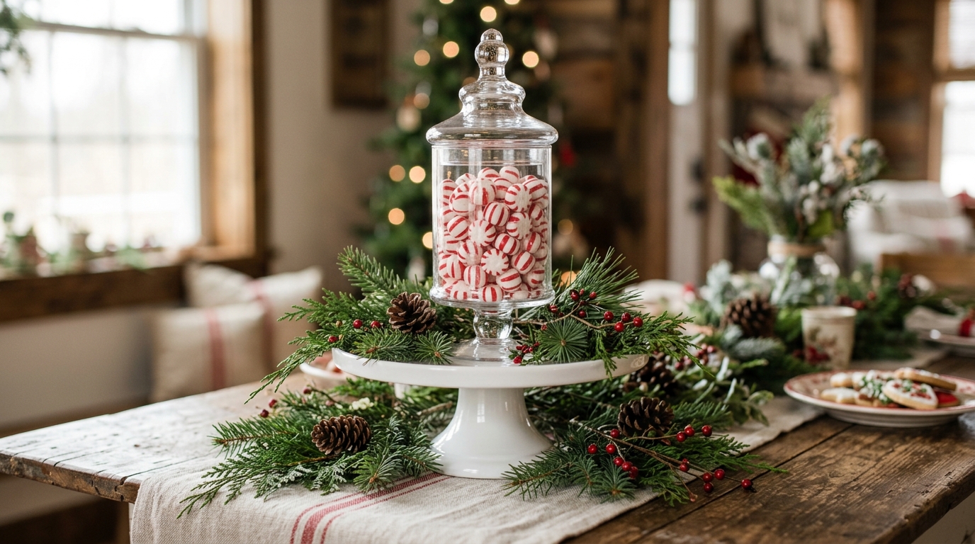 Glass canister filled with red and white peppermint candies on a white cake stand with holiday greenery