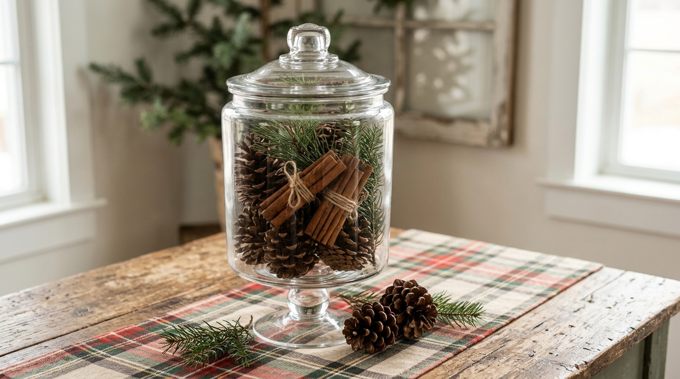 Apothecary jar Christmas display filled with pine cones and cinnamon stick bundles on a plaid runner