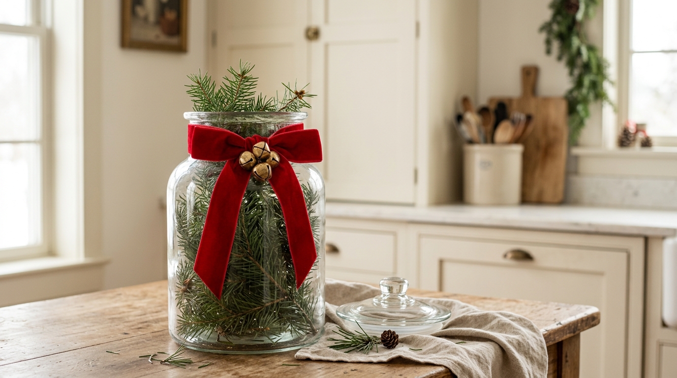 Wide red velvet ribbon bow with small gold jingle bells on a glass canister filled with pine sprigs