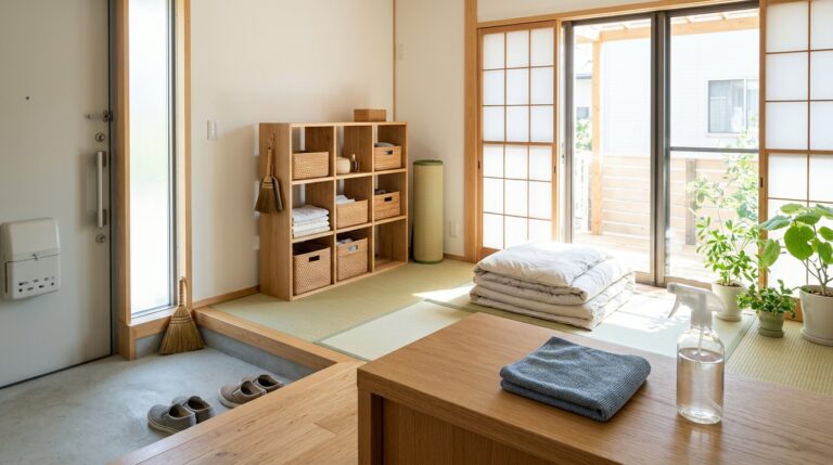 Japanese cleaning hacks: tidy entry with shoes lined up, aired futon and a clean wooden counter