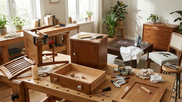 Furniture repair hacks: clamped chair, refreshed drawer, scratch fixes and wax tins on a workbench