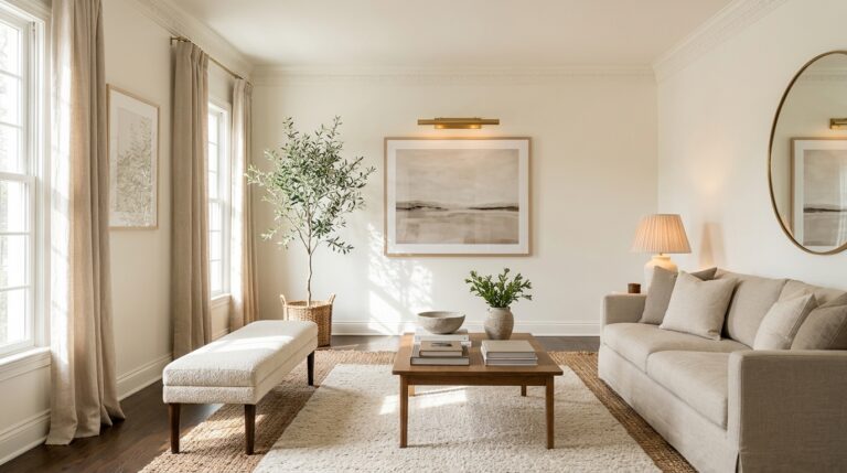 Expensive looking home: high curtains, big art, brass picture light, round mirror and an olive tree