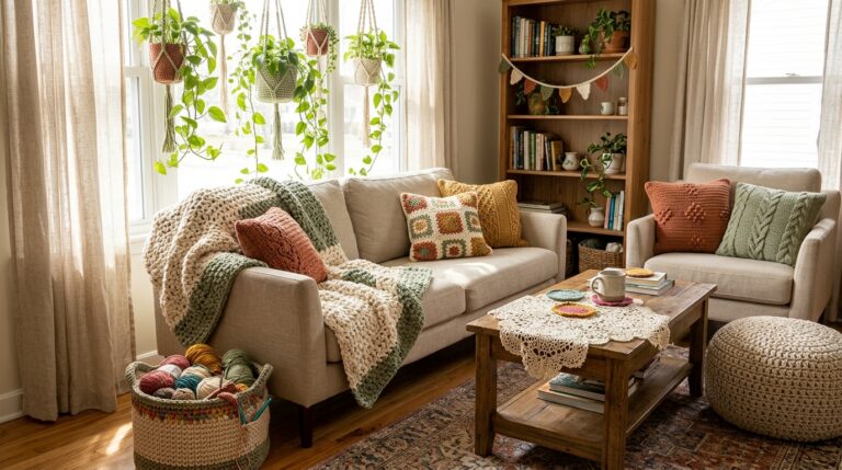 Crochet home decor: crochet blanket, pillows, plant hangers and bunting in a sunny living room
