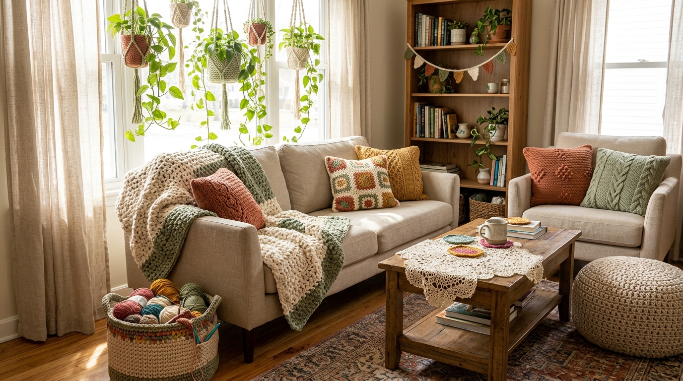 Crochet home decor: crochet blanket, pillows, plant hangers and bunting in a sunny living room