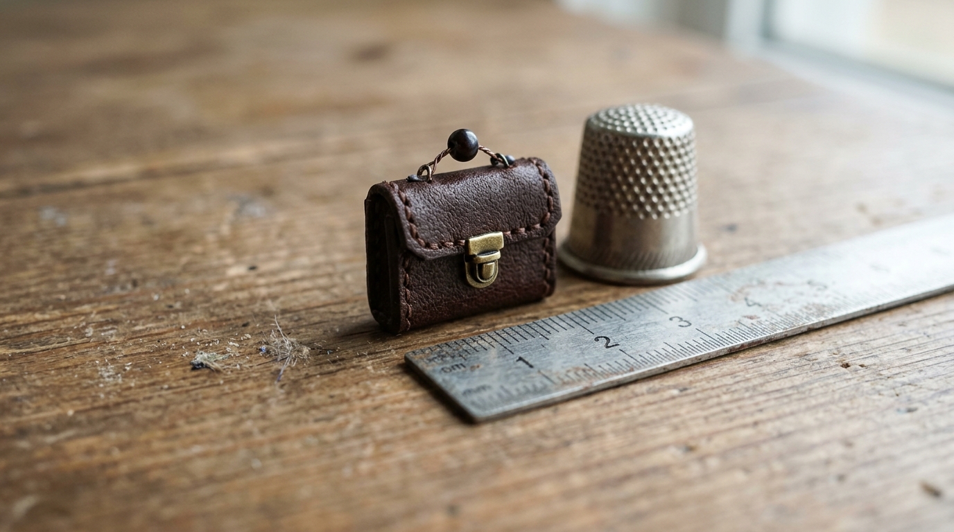 Fingernail sized brown briefcase with a brass clasp next to a thimble and a ruler
