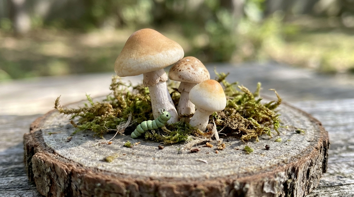 Tiny diorama art with three clay mushrooms and a little green caterpillar on a wood slice