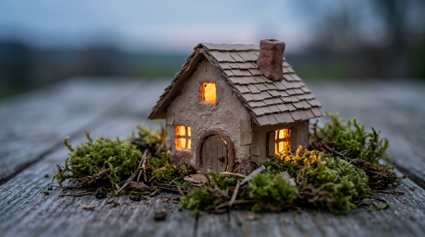 Tiny diorama art cottage with a sloped roof, chimney and warm glowing windows on a wooden table