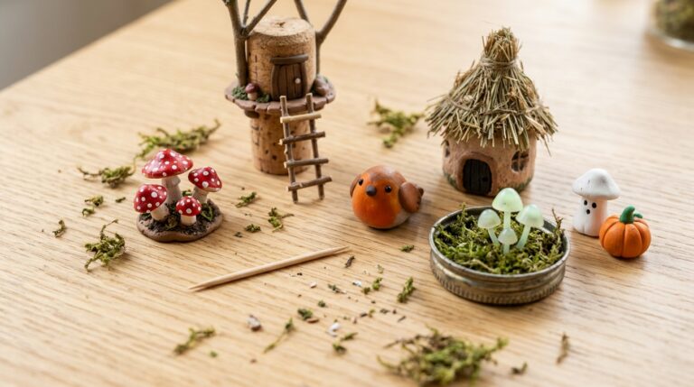 Tiny diorama art with clay mushrooms, a cork tree house, a robin, a fairy hut and a moss jar lid on a wood table