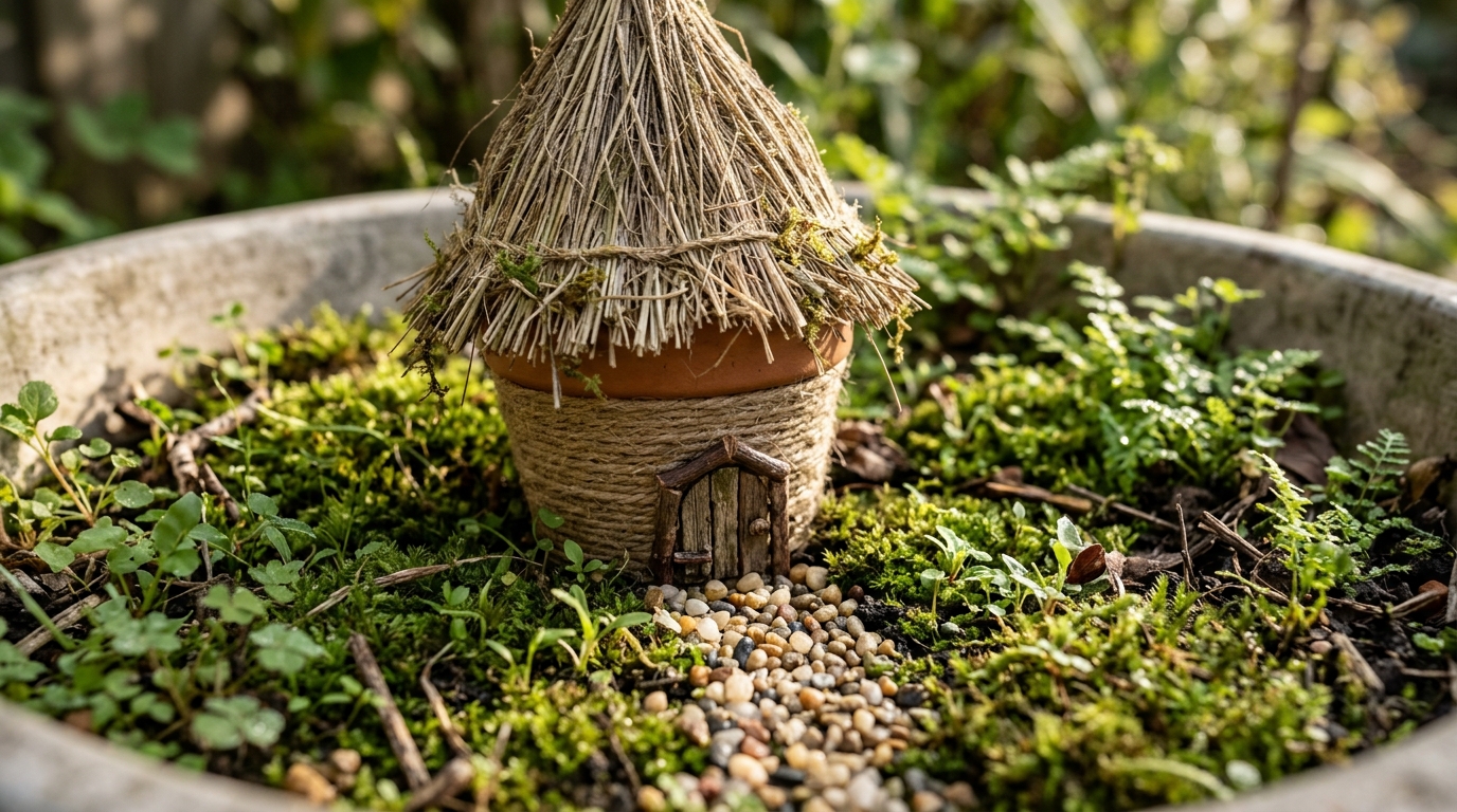Tiny diorama art fairy hut made from a twine wrapped pot with a dried grass roof in moss