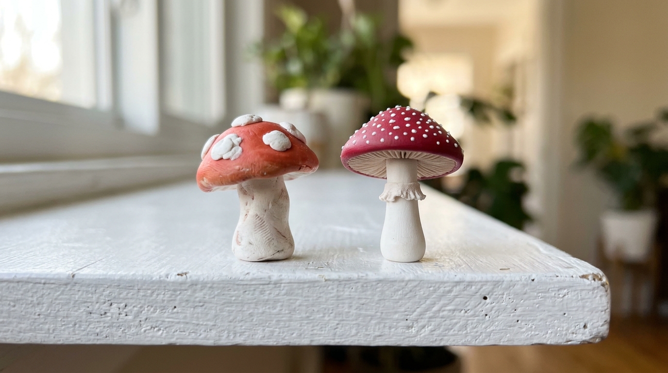 Two small clay toadstools side by side, a simple first try and a detailed newer one