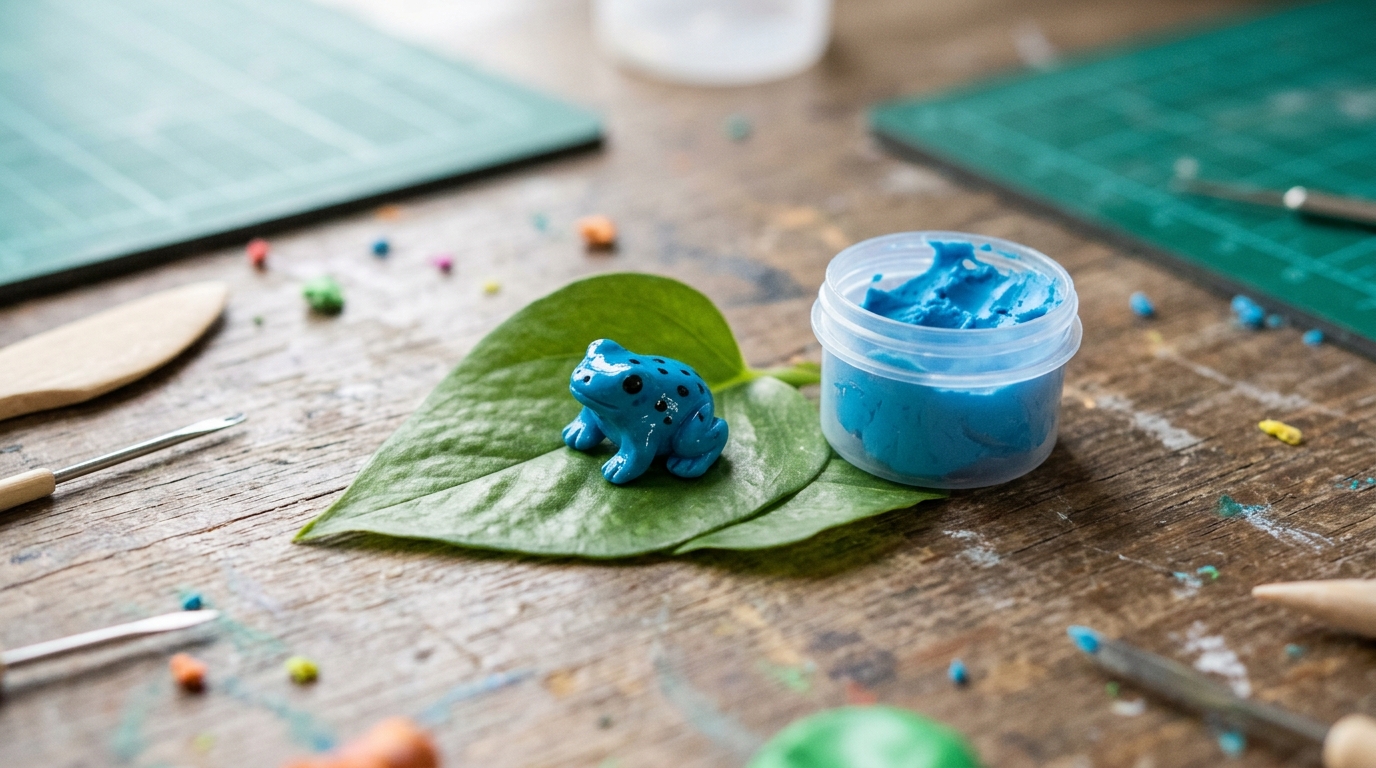 Bright blue clay frog with black spots sitting on a green leaf beside a pot of clay