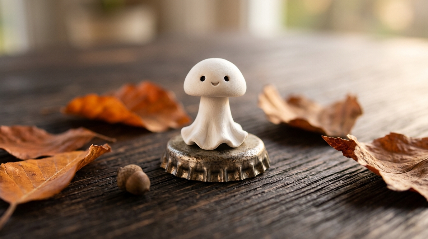 Tiny diorama art of a white clay mushroom ghost with a smile on a bottle cap among autumn leaves