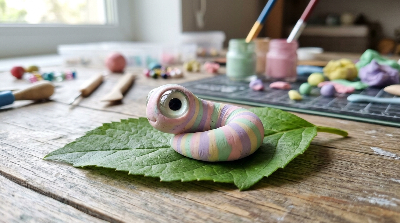 Little clay worm creature with one big eye and pastel stripes curled on a green leaf