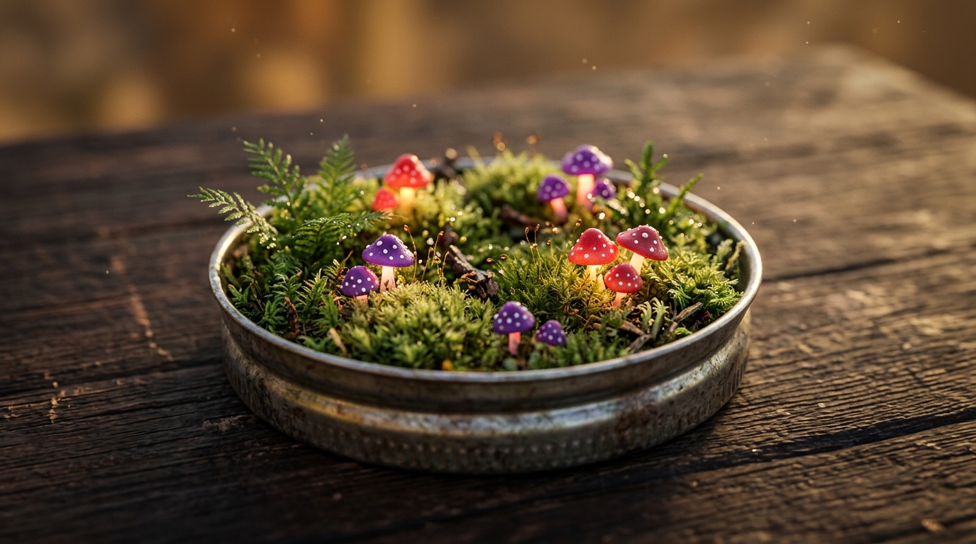 Tiny diorama art in a metal jar lid with green moss and small red and purple toadstools