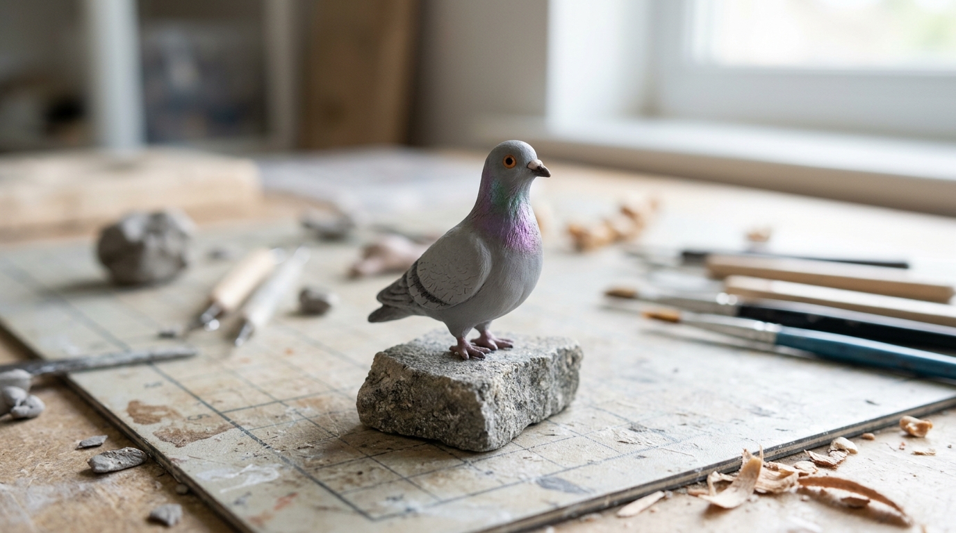 Thumb sized gray clay pigeon with purple and green neck feathers standing on a small stone