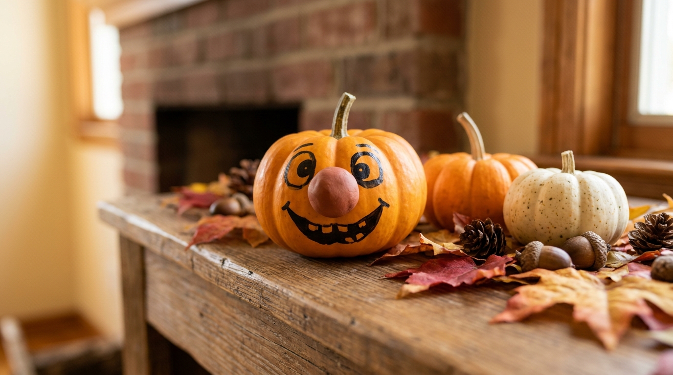 Mini orange pumpkin with a painted goofy face and a round clay nose on a fall mantel