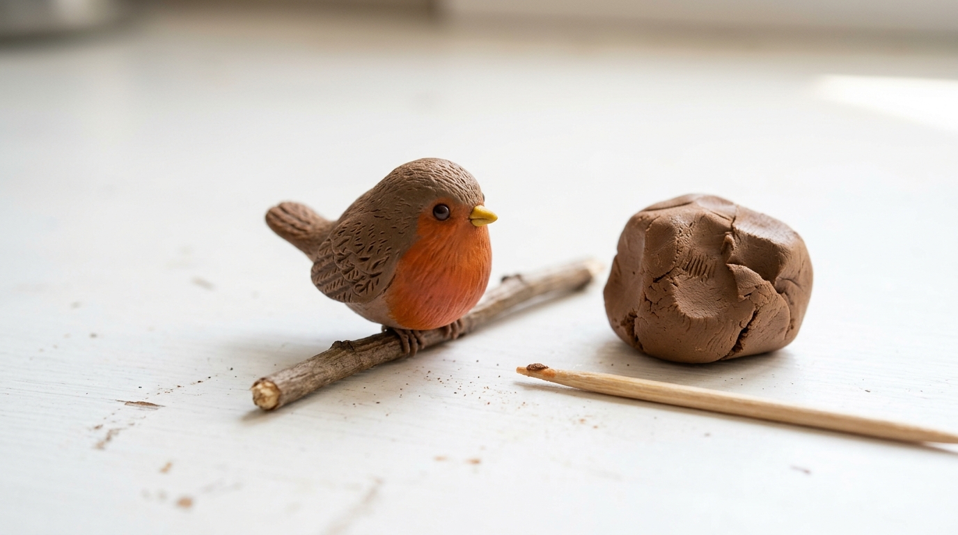 Grape sized clay robin with an orange red belly perched on a twig next to a lump of brown clay