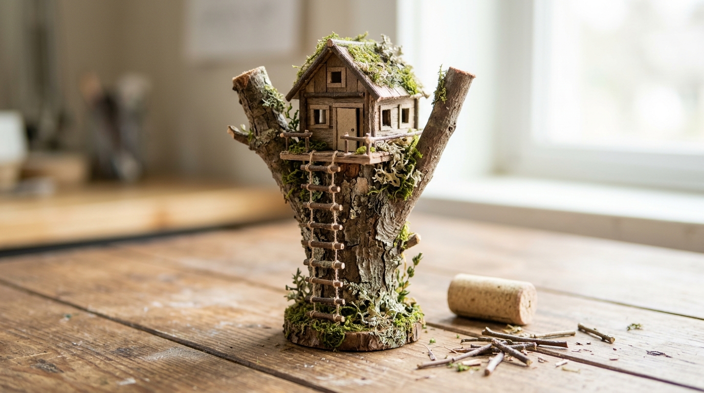 Palm sized tree house with a twig ladder, small windows and moss built on a short branch on a desk