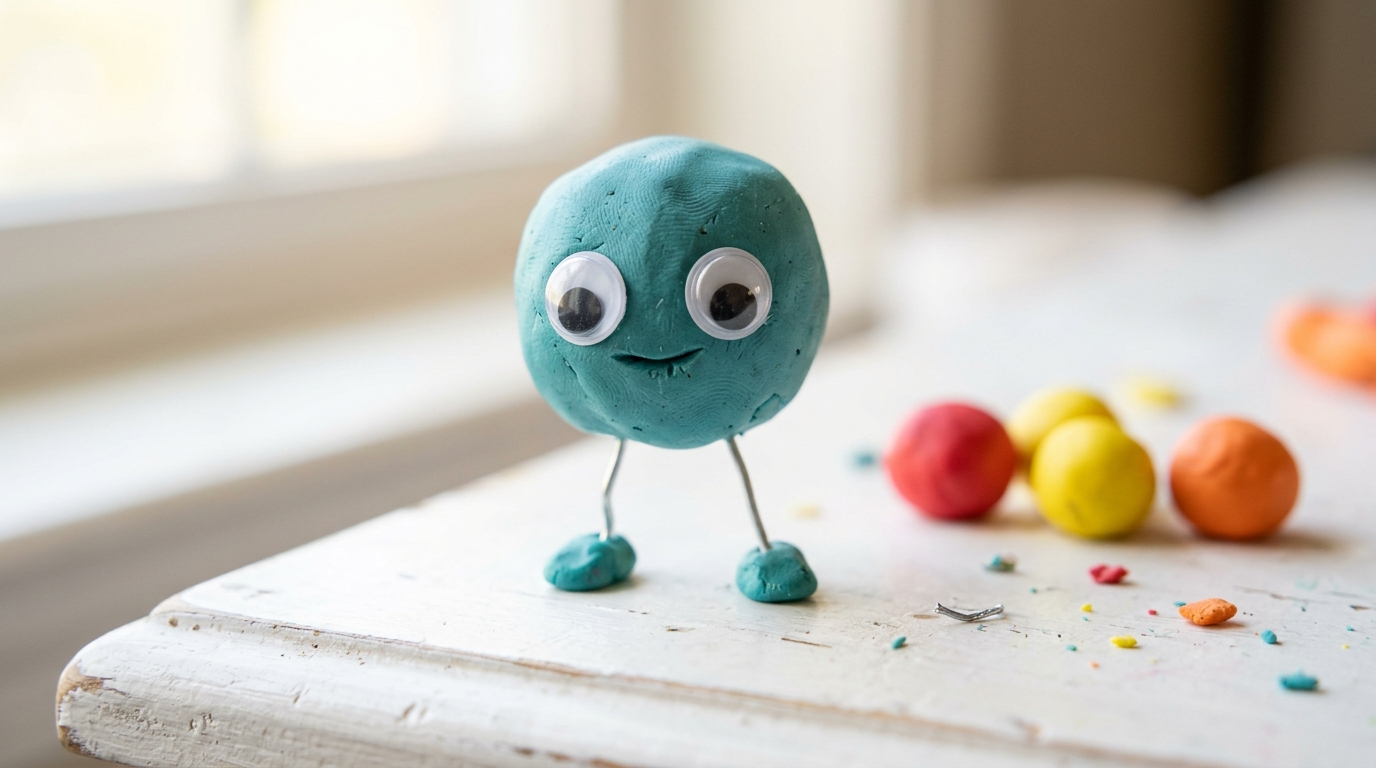 Silly clay creature with one big round head and googly eyes standing on thin wire legs