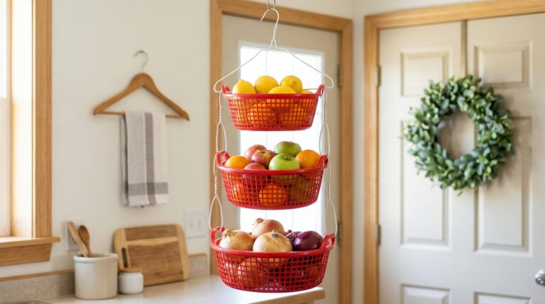 Clothes hanger hacks with a three tier hanging basket stand full of fruit made from red baskets and wire hangers