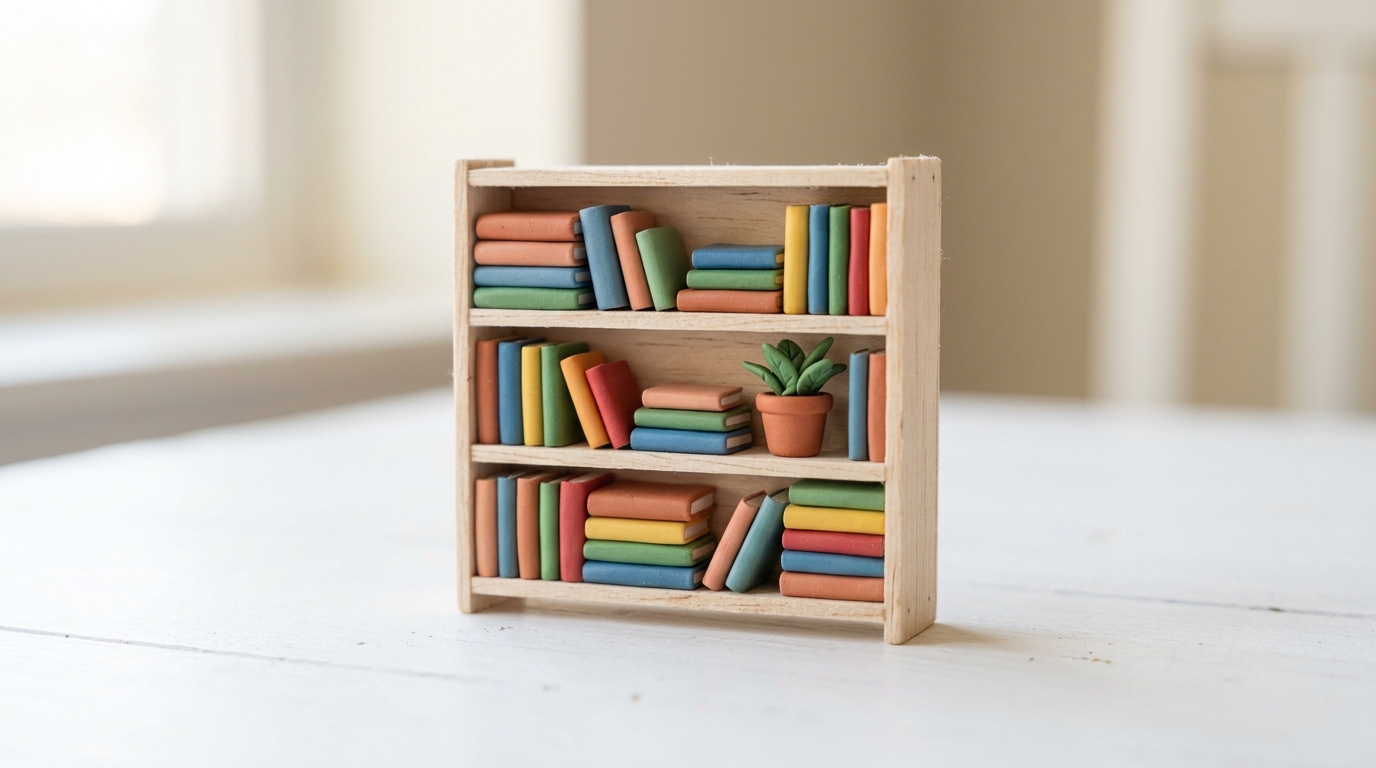 Clay dollhouse miniatures of colorful tiny books stacked on a small wooden shelf with a plant